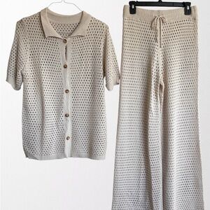 Cream 2 piece Knit Cover - Up, Top and Pant Set